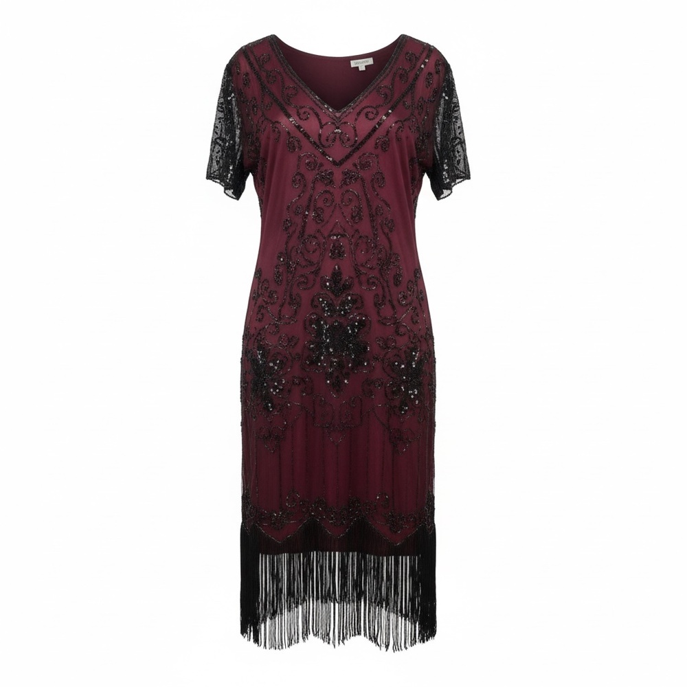 NWT Babeyond Black sequin dress with fringe, red lining, Size‎ XXL
